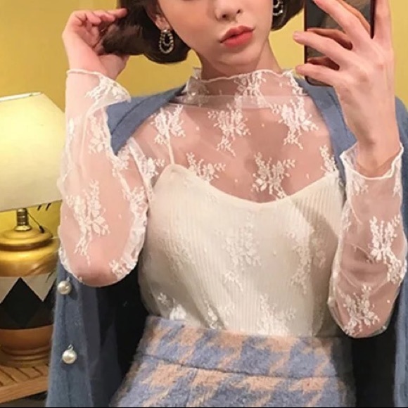 Lace blouse top shirt mesh transparent sexy women’s long sleeve - Picture 10 of 10